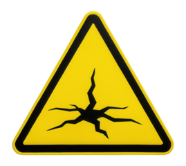 Yellow triangular unstable ground warning sign with cracking ground icon