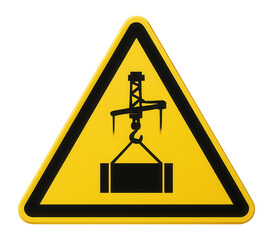 Yellow triangular crane overhead warning sign with crane and load icon