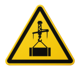 Yellow triangular crane overhead warning sign with crane and load icon