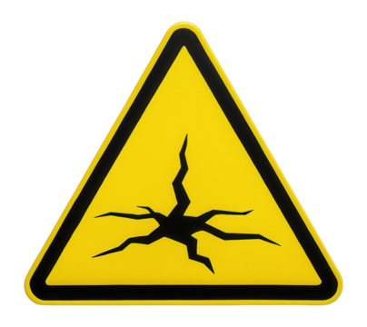 Yellow triangular unstable ground warning sign with cracking ground icon