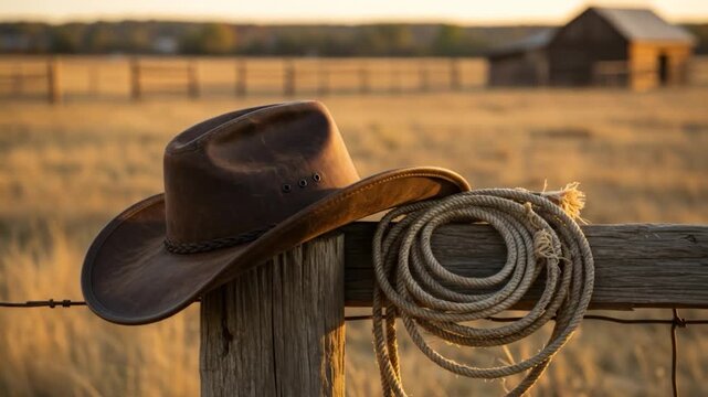 Cowboy hat and rope on wooden fence at golden sunset hour