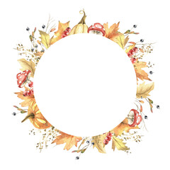 A wreath of autumn leaves, pumpkins, wild berries, dried herbs, fly agarics. Watercolor hand drawn illustration isolated on white. Cozy warmth forest design for print, card, fall decoration.