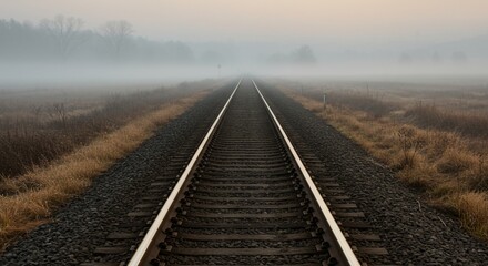 Railway track extending into misty landscape travel journey transportation path way