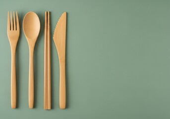 Wooden spoon, fork, knife and chopsticks on green background with copy space