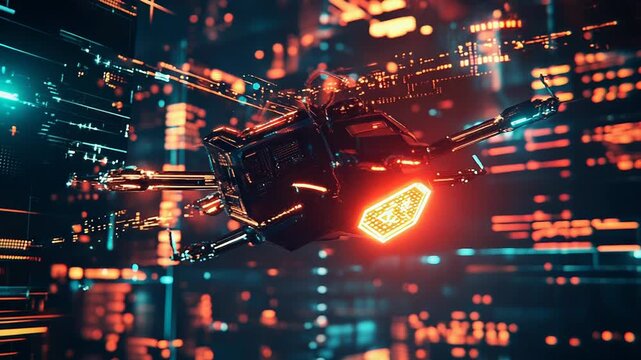 Futuristic drone flying through digital cityscape collecting data