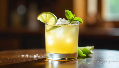 Refreshing yellow cocktail with lime slice and mint leaf on wooden table