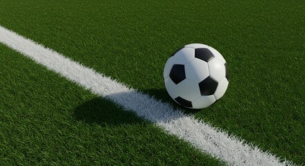 Soccer ball on grass field near white line