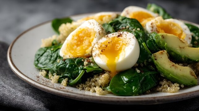 Vibrant healthy salad bowl with soft boiled eggs runny yolks fresh spinach fluffy quinoa and ripe avocado slices seasoned on a rustic plate
