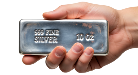 hand holding ten ounce silver bar precious metal, investment, security, and wealth, isolated on transparent background