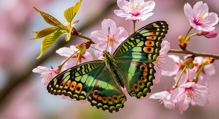 Vibrant butterfly perched on delicate cherry blossoms in springtime