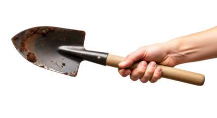 hand offering gardening trowel a symbol of cultivating growth and new beginnings, isolated on transparent background
