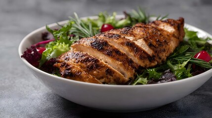 Healthy grilled chicken breast salad featuring perfectly sliced chicken atop a vibrant mix of fresh greens rosemary and red berries in a white bowl