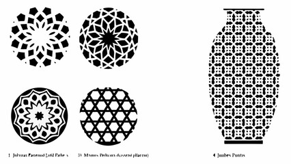 Collection of black and white geometric patterns including circular designs and a vase with repeating motifs