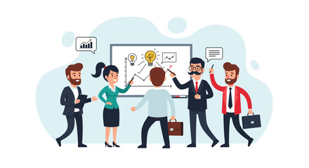 A diverse business team collaborates on strategy, brainstorming new ideas and analyzing growth on a whiteboard. Emphasizes teamwork, innovation, and progress.