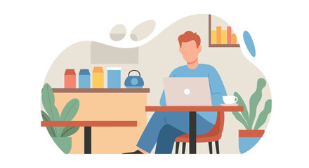 Focused man working on laptop in a cozy cafe, enjoying remote work and productivity. Ideal for modern business, technology, and freelance concepts.