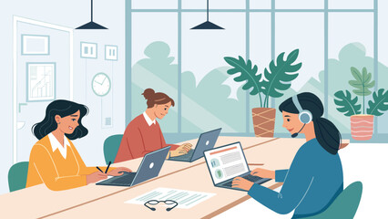 Three diverse women collaborate and work diligently at laptops in a modern, light-filled office. Ideal for themes of teamwork, customer service, and business productivity.