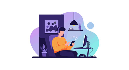 Person in headphones relaxing at home, using a smartphone while connected to a desktop computer and game console. Modern digital lifestyle and entertainment.