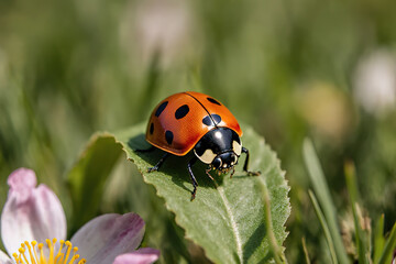 Obraz premium Ladybug on the grass close-up macro.created with the help of artificial intelligence.