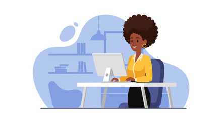 Smiling Black woman working productively on a computer at her desk in a modern office, symbolizing professional success and digital business.