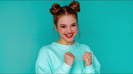 A woman in a blue sweater with her fists up in the air