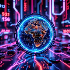 Futuristic digital globe showcasing Africa amidst vibrant neon circuitry and data visualizations in a tech-inspired environment