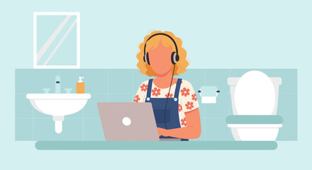 Person in headphones works on a laptop in a bathroom, depicting remote work, work-life integration, and adaptable productivity. Captures modern, flexible employment.