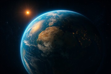 Stunning view of Earth from space with sunrise over horizon showing continents, oceans, and glowing atmosphere