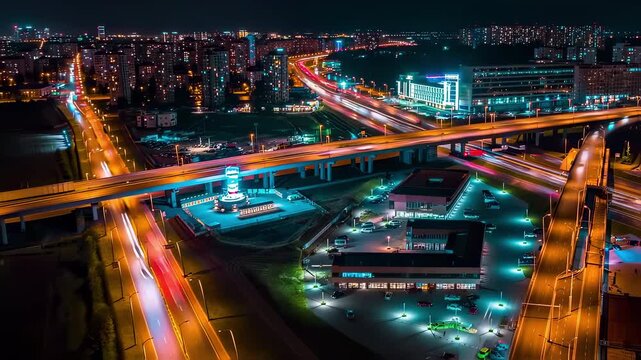 Night highway traffic in Tyumen, Russia