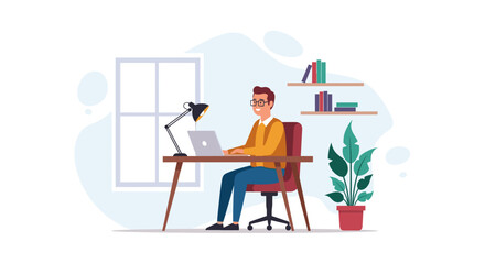 Man working on laptop at his home office desk, focusing on tasks in a comfortable and productive environment. Ideal for remote work, business, and study concepts.