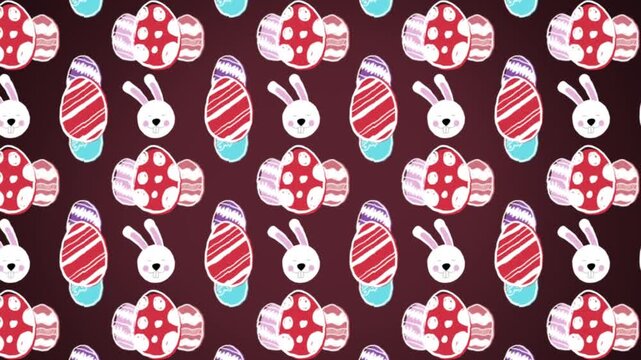 Animation of falling white bunnies and eggs over dark background