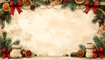 Rustic farmhouse Christmas wallpaper with natural elements and blank center