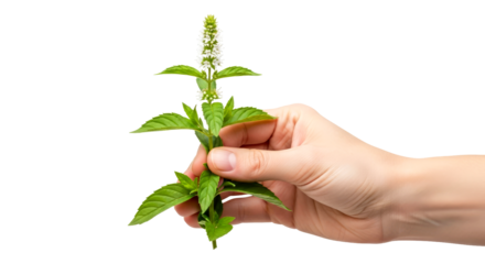offering fresh mint sprig hand holding aromatic herb, green leaves and delicate flowers, isolated on transparent background