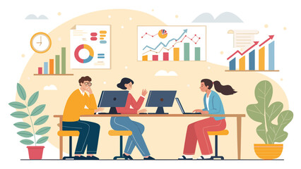 Team of professionals analyzing data and collaborating on projects in a modern office environment, illustrating business growth and productivity.