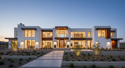 Fototapeta premium Modern luxury house exterior at dusk white walls large windows minimalist design