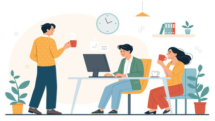 Office workers collaborate and enjoy coffee breaks in a modern, productive workspace, illustrating teamwork and positive communication.