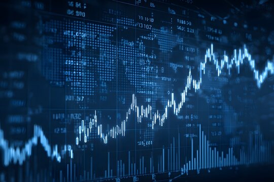 digital stock market chart with blue background and white numbers, dark blue color theme,