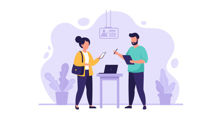 Colleagues engage in a modern business discussion. A woman reviews information on her phone while a man uses a digital tablet, representing efficient digital interaction and office tasks.