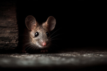 Closeup of a curious small mouse peeking from a dark crevice, soft fur and reflective eyes highlighted by low light, an intimate wildlife portrait with dramatic contrast.
