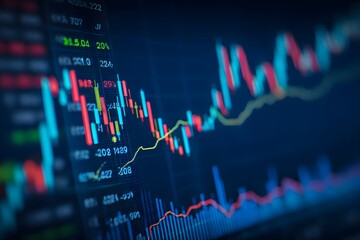 digital stock market chart with blue background and white numbers, dark blue color theme,