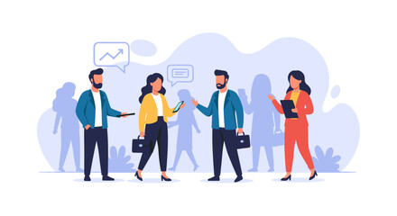 Diverse business professionals collaborate and communicate, analyzing data and trends for strategic growth. Ideal for corporate presentations, finance, and team development concepts.