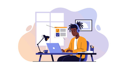 Black man in headphones focused on laptop work at a home office desk. Illustrates remote productivity, online tasks, or e-learning.