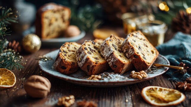 Traditional Christmas Fruitcake Slices on Rustic Plate with Nuts, Dried Orange and Festive Holiday Decoration &ndash; Homemade Winter Dessert