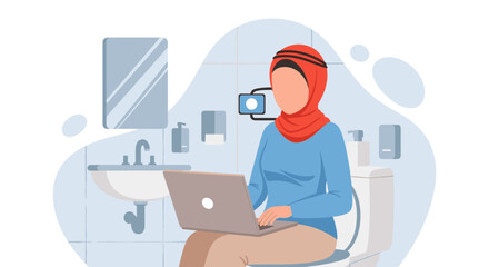 Woman in hijab focused on working with a laptop while sitting on the toilet in a modern bathroom, depicting multitasking or remote work lifestyle.