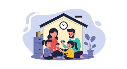 Family of four enjoys playing cards together at home, fostering joy and togetherness. Ideal for themes of family bonding, domestic leisure, and childhood activities.