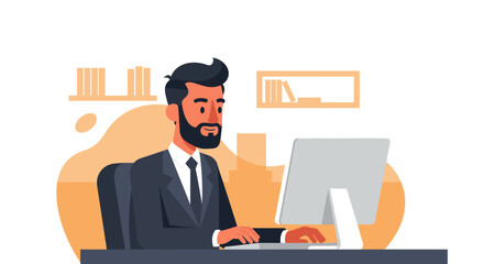 Professional businessman working diligently at his office desk on a computer. Ideal for concepts of productivity, corporate efficiency, and remote work.