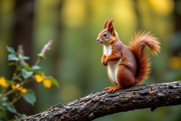 Cute red squirrel perched on a branch in a serene forest setting, with vibrant green and yellow bokeh in the background