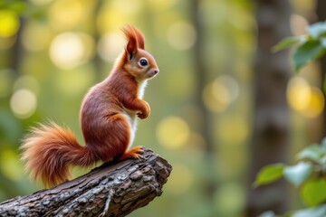 Cute Red Squirrel Sitting on Branch in Sunlit Forest with Beautiful Bokeh Background