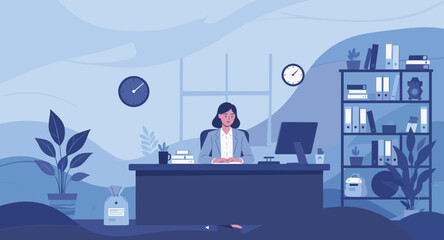 Professional woman working diligently at her modern office desk, surrounded by organized essentials. Ideal for business, productivity, and corporate life concepts.