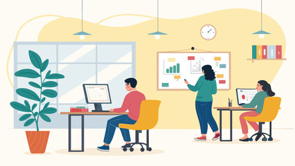 Modern office scene with professionals collaborating, working on computers, and presenting data on a whiteboard. Depicts teamwork, productivity, and business strategy.