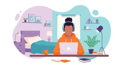 Focused person working or studying remotely on a laptop with headphones in a modern home office. Concepts: telework, online education, flexible lifestyle.